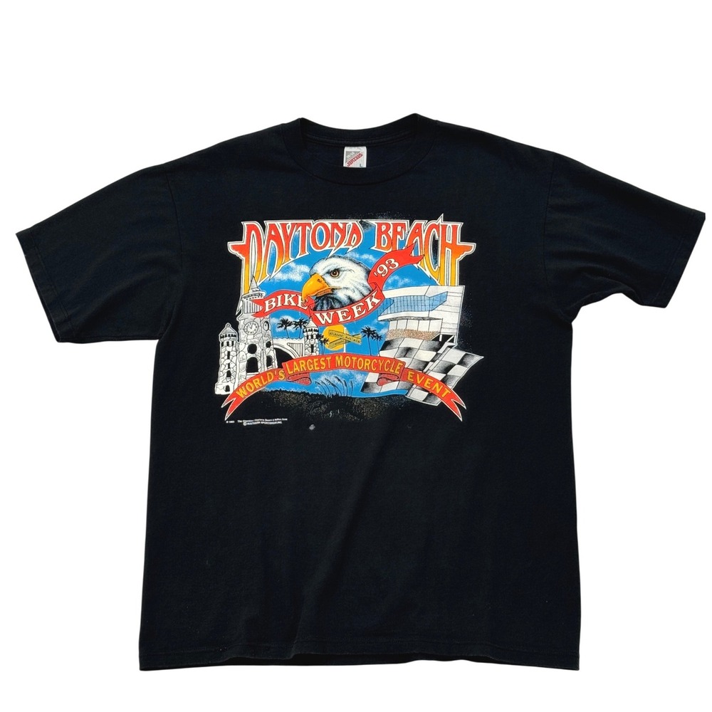 Vintage Mens T Shirt 1993 Daytona Beach Biker Week BLK Jerzees Eagle USA Retro
